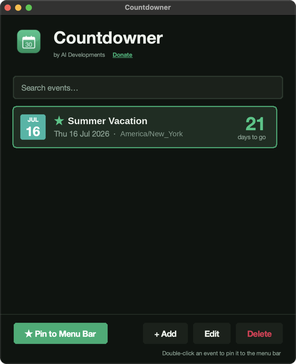 Track the days until what matters - and pin it to the menu bar.
