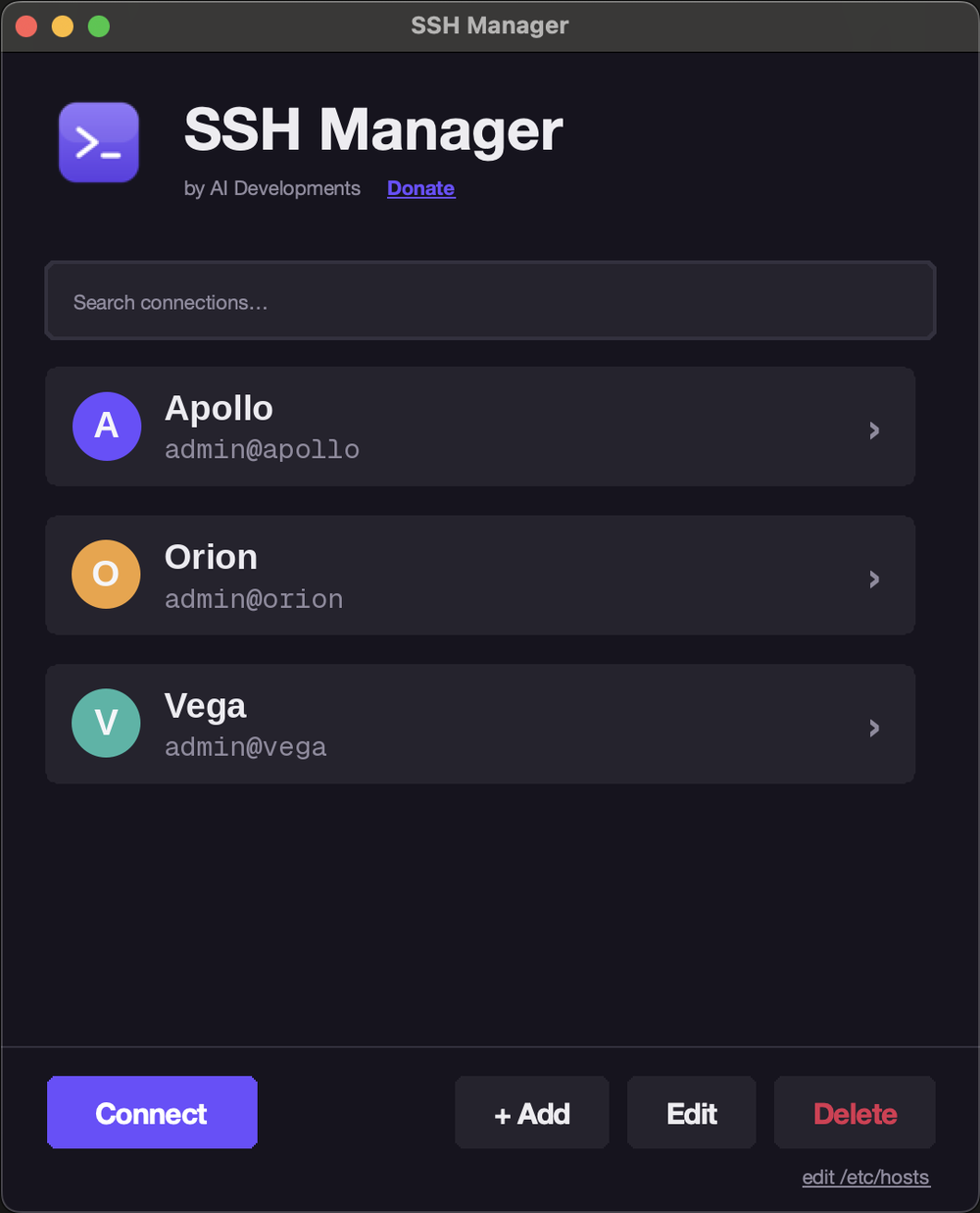Saved connections, a double-click from Terminal.